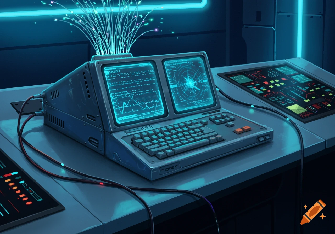 A retro-futuristic computer setup with glowing blue screens and fiber optic cables, evoking a 2000s sci-fi aesthetic.
