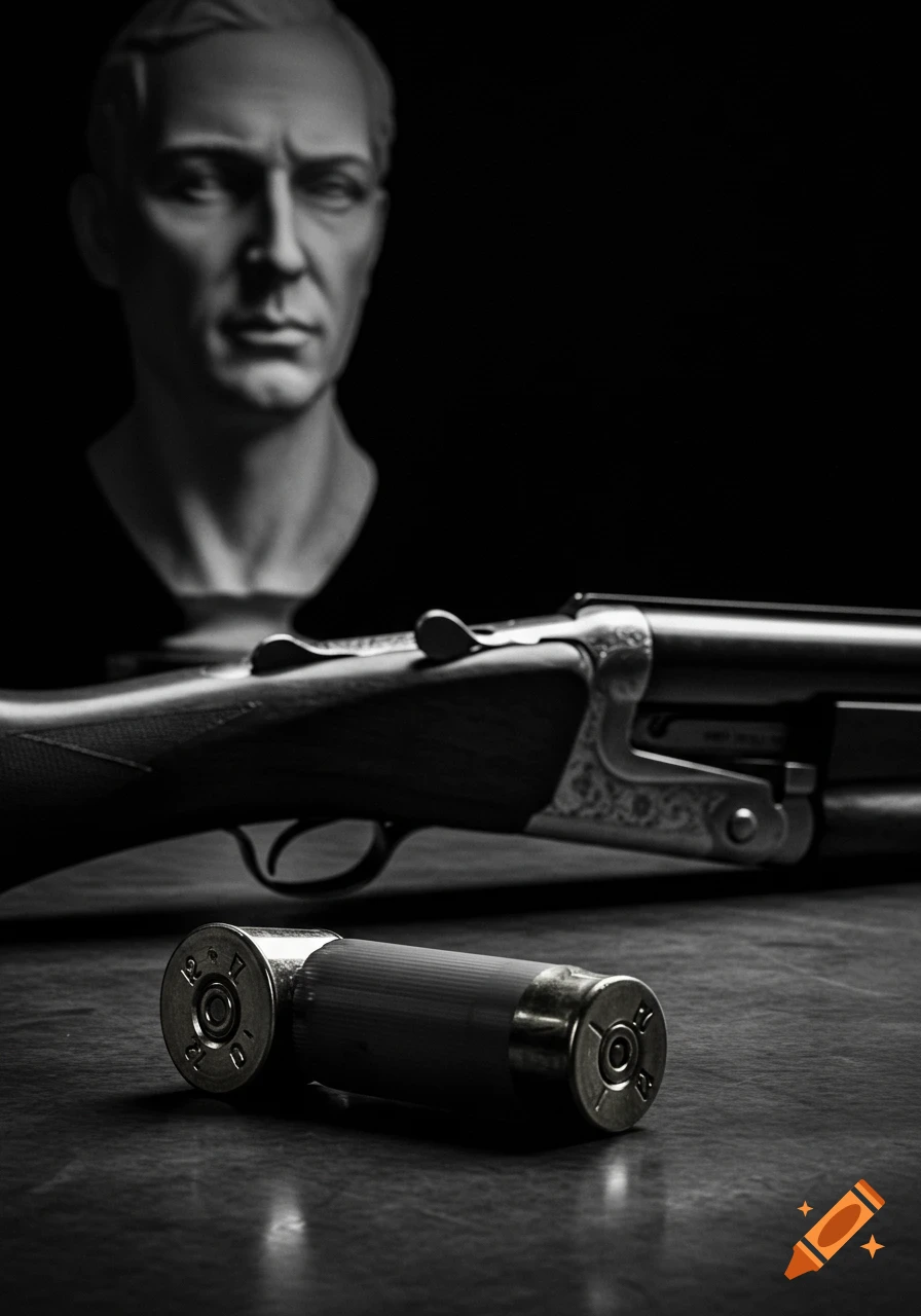 A black-and-white photorealistic still life featuring a spent 12-gauge shotgun shell in the foreground, an open shotgun in the midground, and a blurred bust in the background.