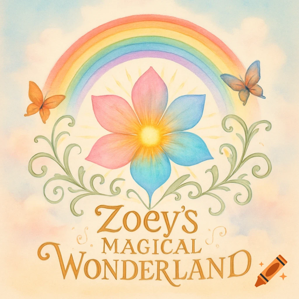 A whimsical logo features a rainbow over a pink and blue flower with two butterflies, all above the text "Zoey's Magical Wonderland" in a decorative font. The style is watercolor with a soft, dreamy background.