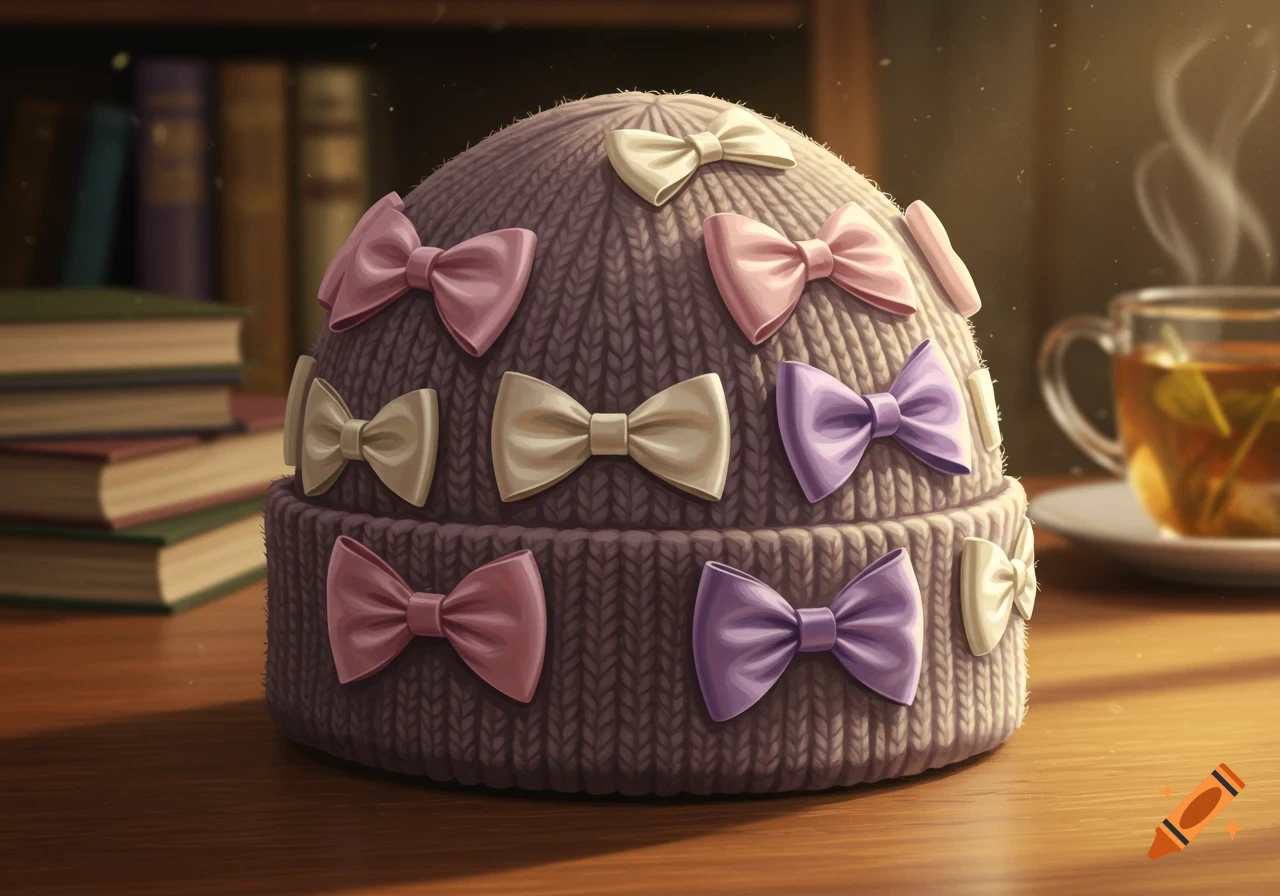 Painting of a purple knitted beanie decorated with pink, cream, and purple bows, on a wooden table next to books and a steaming cup of tea.