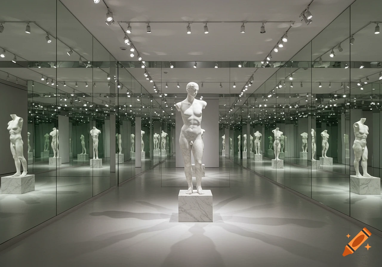 A white marble sculpture of a male torso stands in a long mirrored room, reflecting infinitely.