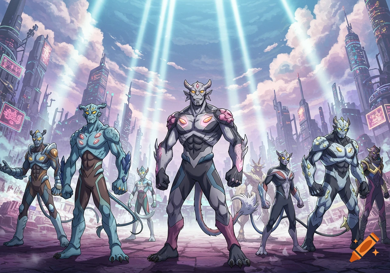 Cartoonish monster heroes stand in a futuristic city with tall buildings and glowing signs under a cloudy sky with light beams.