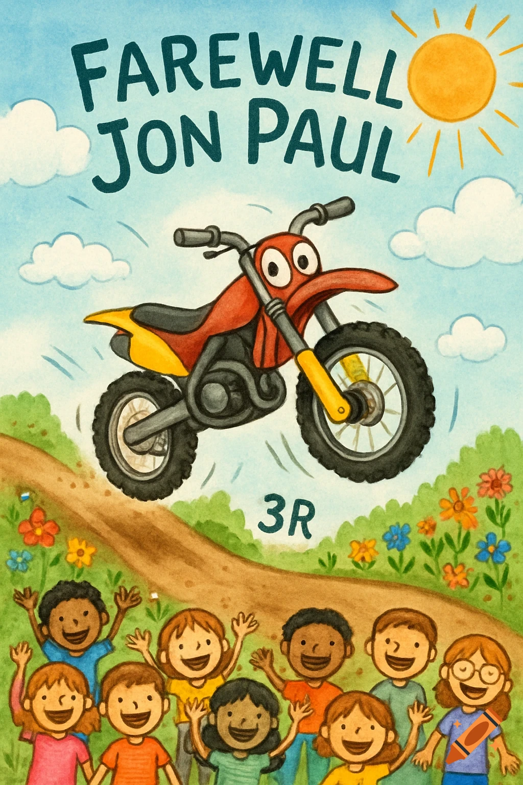 Watercolor illustration of a red motocross bike jumping over a dirt path with children waving below. Text reads 'FAREWELL JON PAUL' and '3R'.