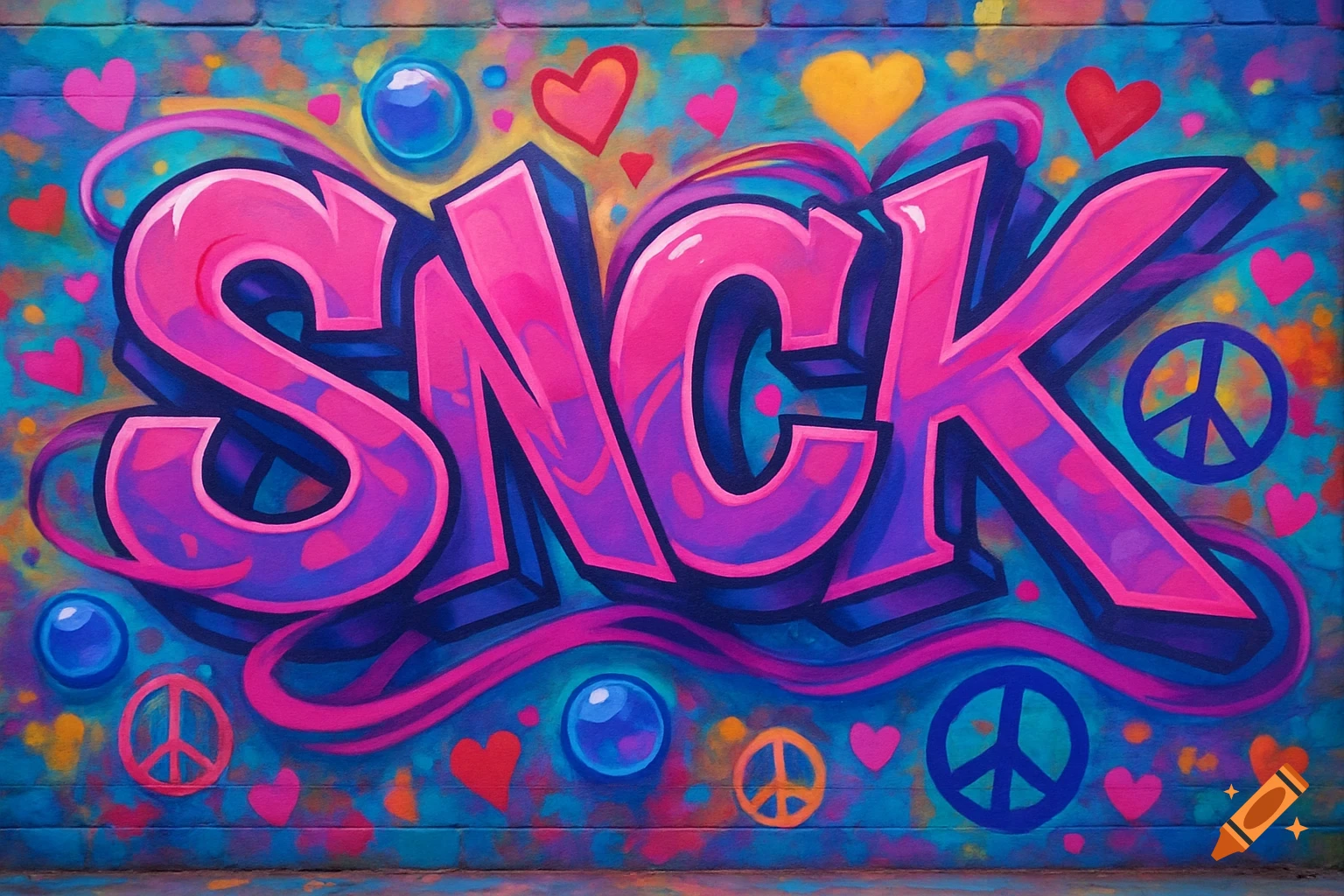 Vibrant graffiti art spelling SNCK in 3D pink and purple letters on a wall, surrounded by hearts, peace signs, and bubbles.