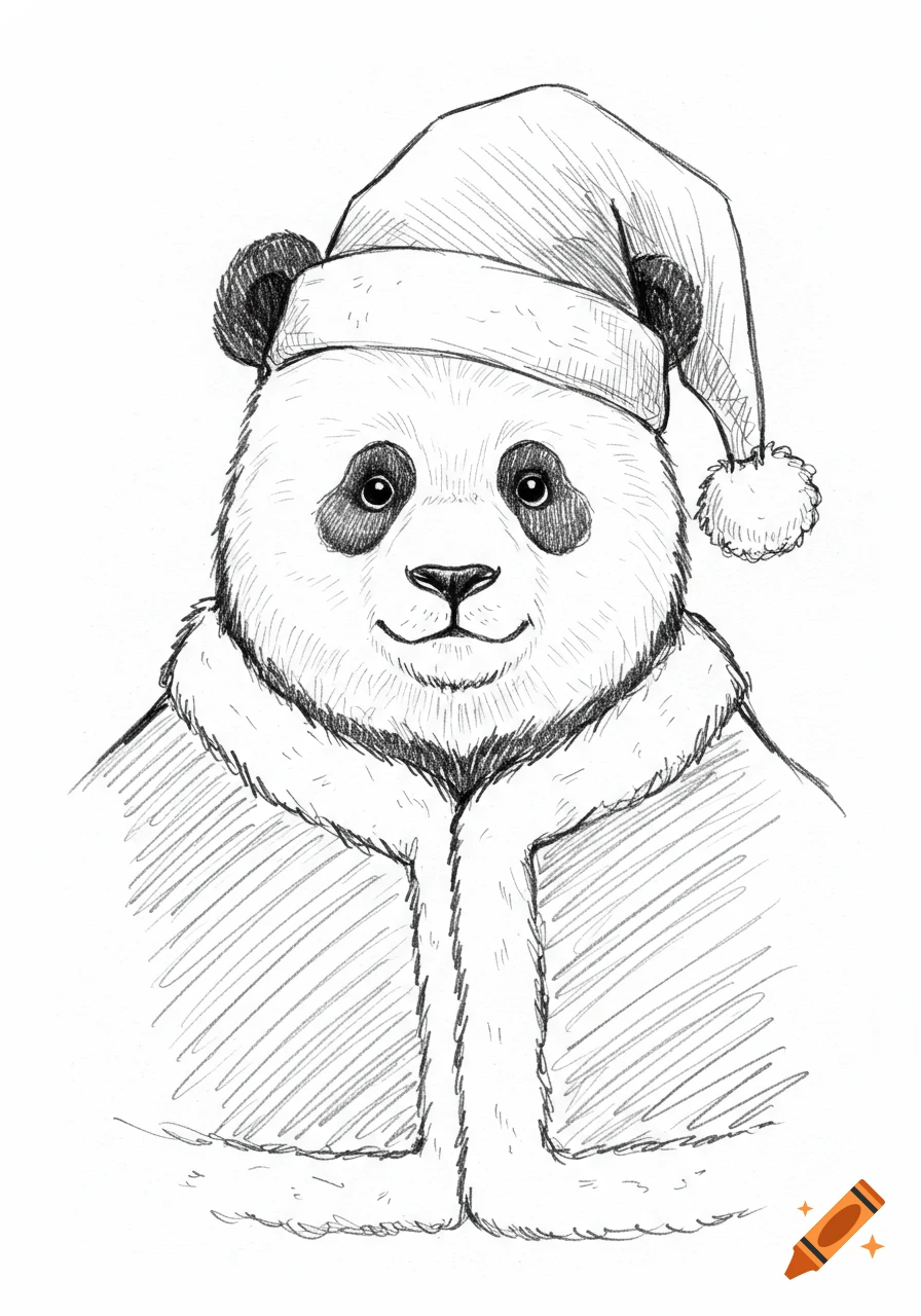 A black and white sketch of a panda wearing a Santa hat and fur-trimmed coat.