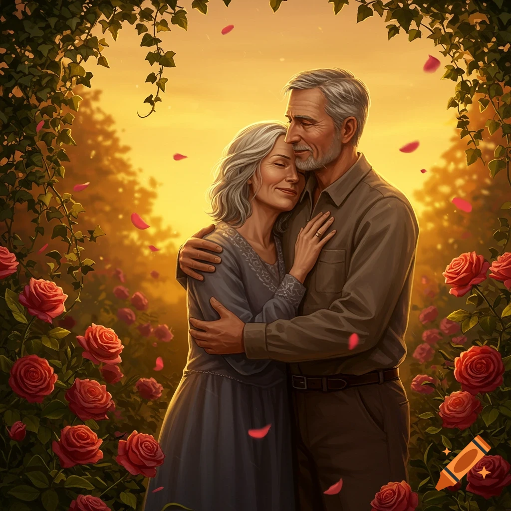An elderly couple embracing amidst a vibrant rose garden at sunset.