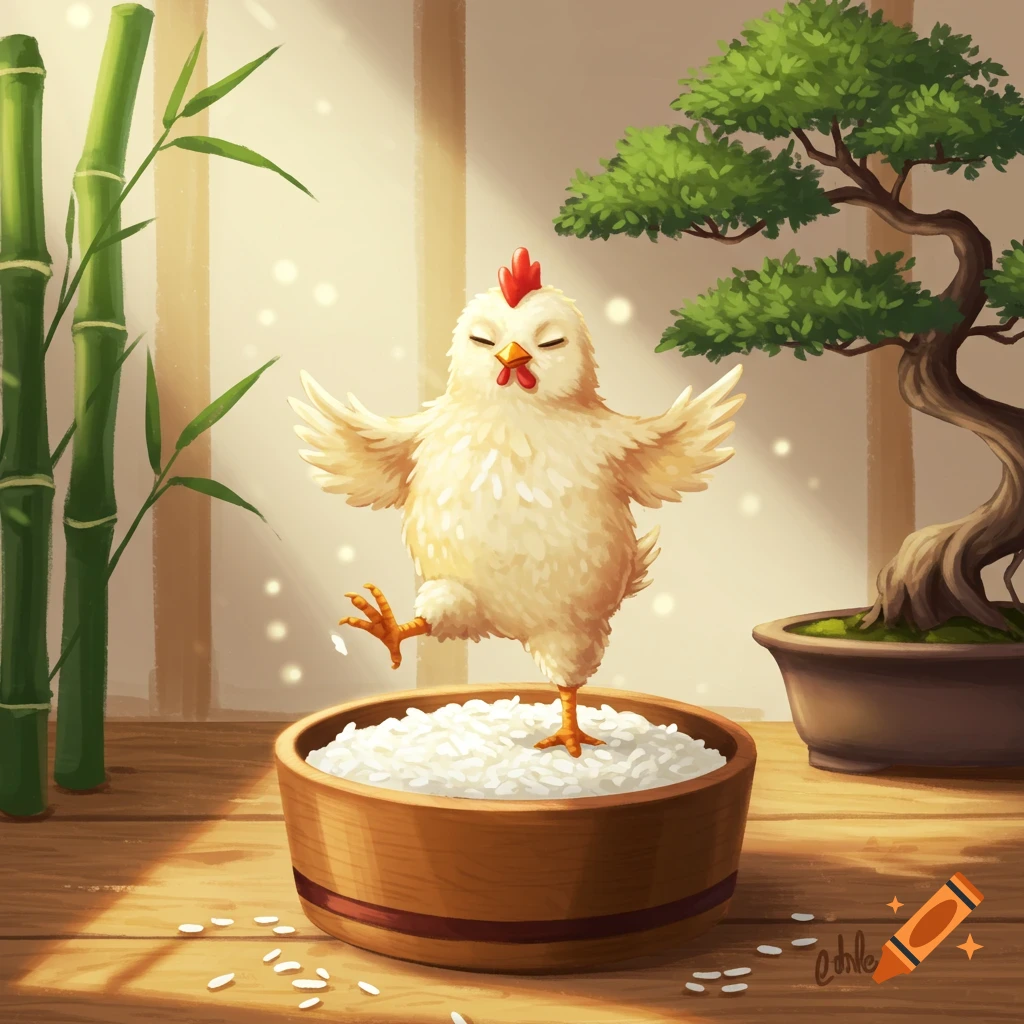 A cartoon chicken in a zen pose balances on one leg in a wooden bowl of rice, with bamboo and a bonsai tree.