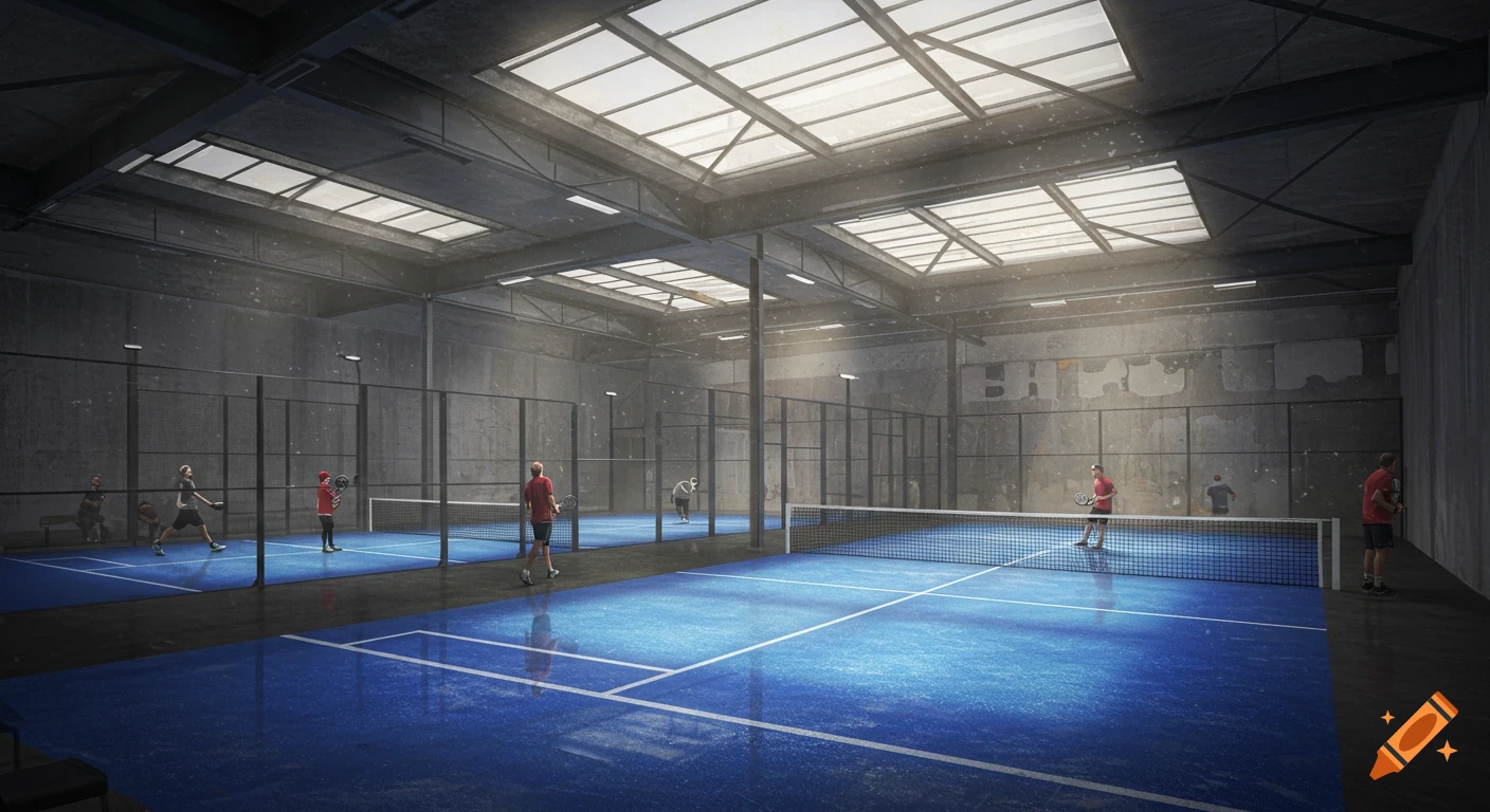 Photorealistic view of an indoor padel venue with blue courts, white lines, and several players under skylights.