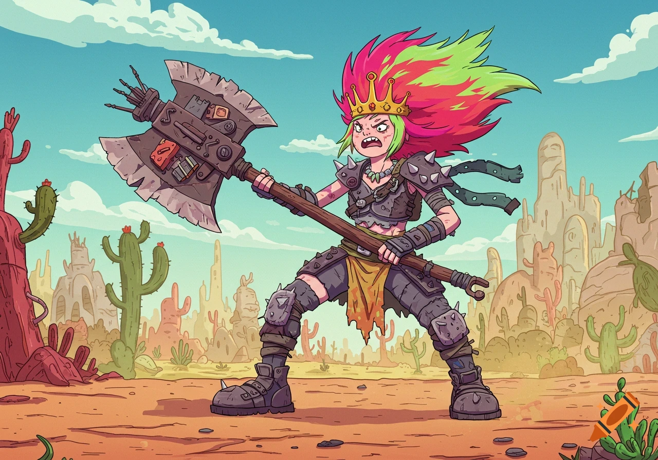 A colorful cartoon post-apocalyptic raider queen with a crown and spiked armor holds an oversized scrap axe in a desert landscape.