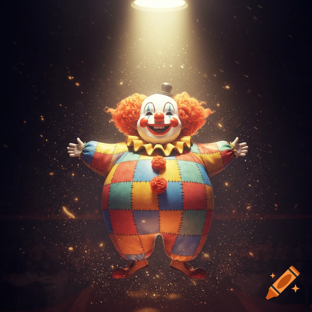 A happy clown in a colorful patchwork suit with orange hair stands under a spotlight, arms outstretched, with golden particles floating around.