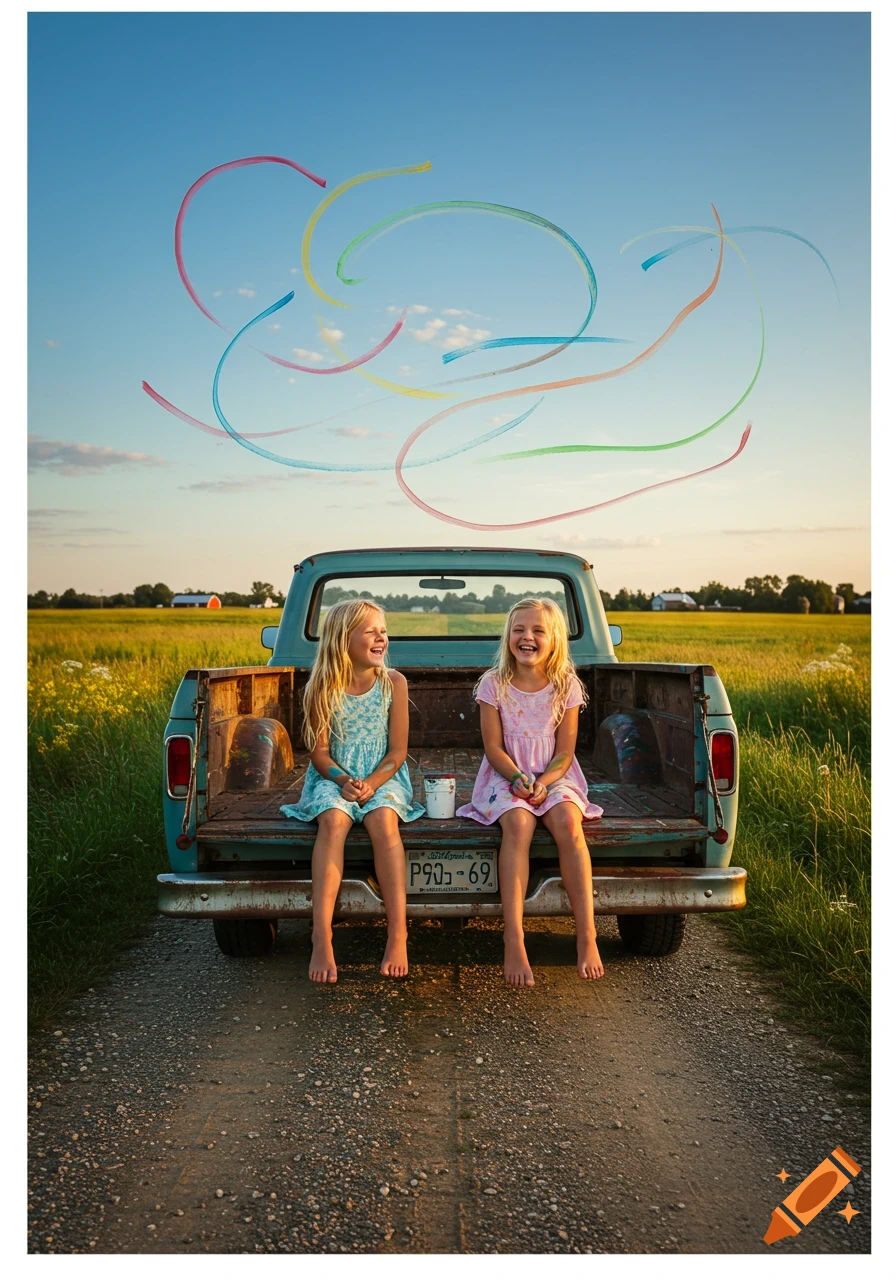 Two smiling blonde girls sitting on the tailgate of an old blue truck in a field, with colorful streaks in the sky.