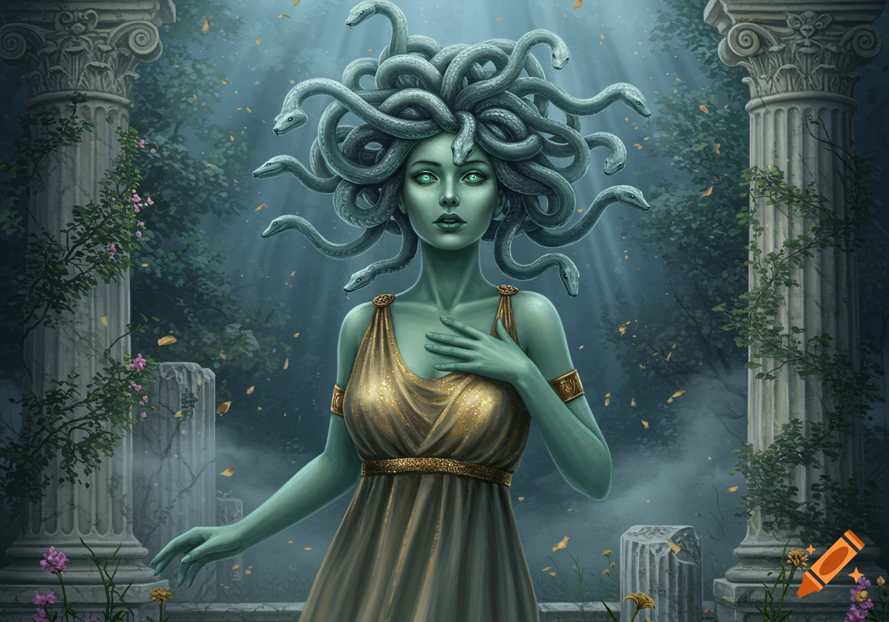 A beautiful depiction of Medusa with snakes for hair, wearing a golden dress, standing among ancient columns in a mystical forest.