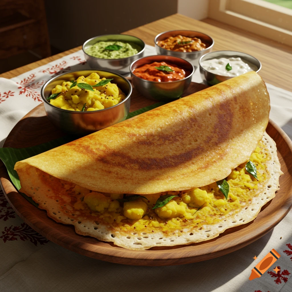 Photorealistic masala dosa filled with potato curry on a wooden plate, surrounded by four bowls of colorful chutneys, on a patterned tablecloth.