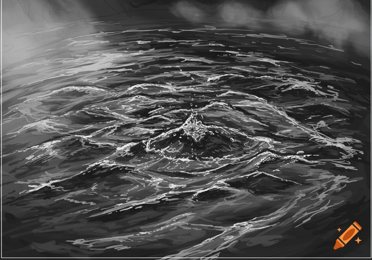 A monochromatic sketch illustrating choppy water with a central splash, creating ripples.