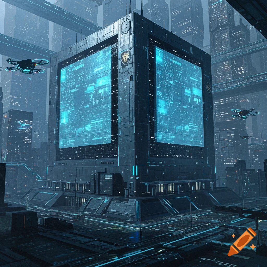 A towering, square-shaped futuristic police headquarters building in a dense cyberpunk cityscape, featuring large glowing blue screens displaying abstract data and surrounded by flying drones.