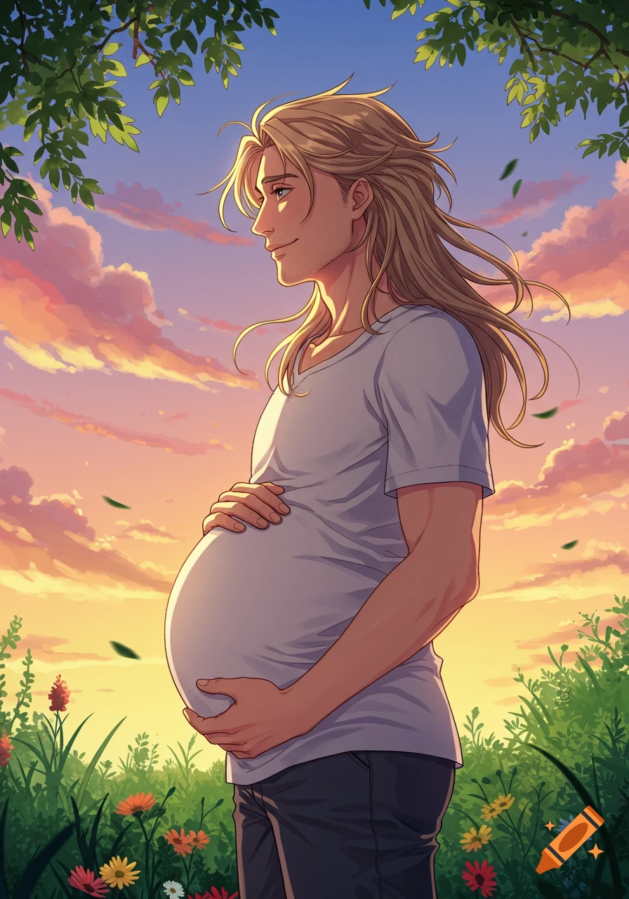 Anime illustration of a pregnant man with long blonde hair, standing in a field of flowers at sunset.