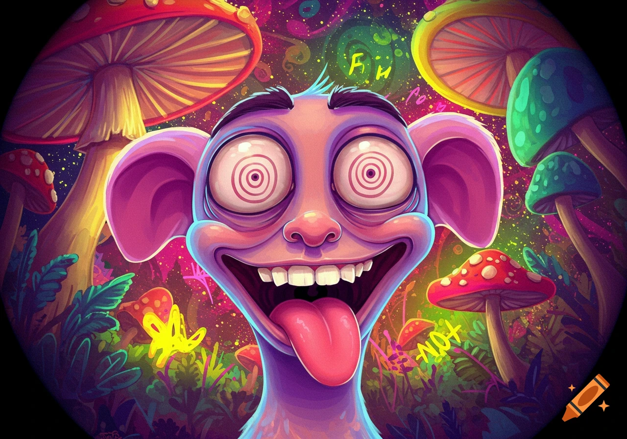 Vibrant cartoon creature with spiral eyes and tongue out in a psychedelic forest with giant mushrooms.