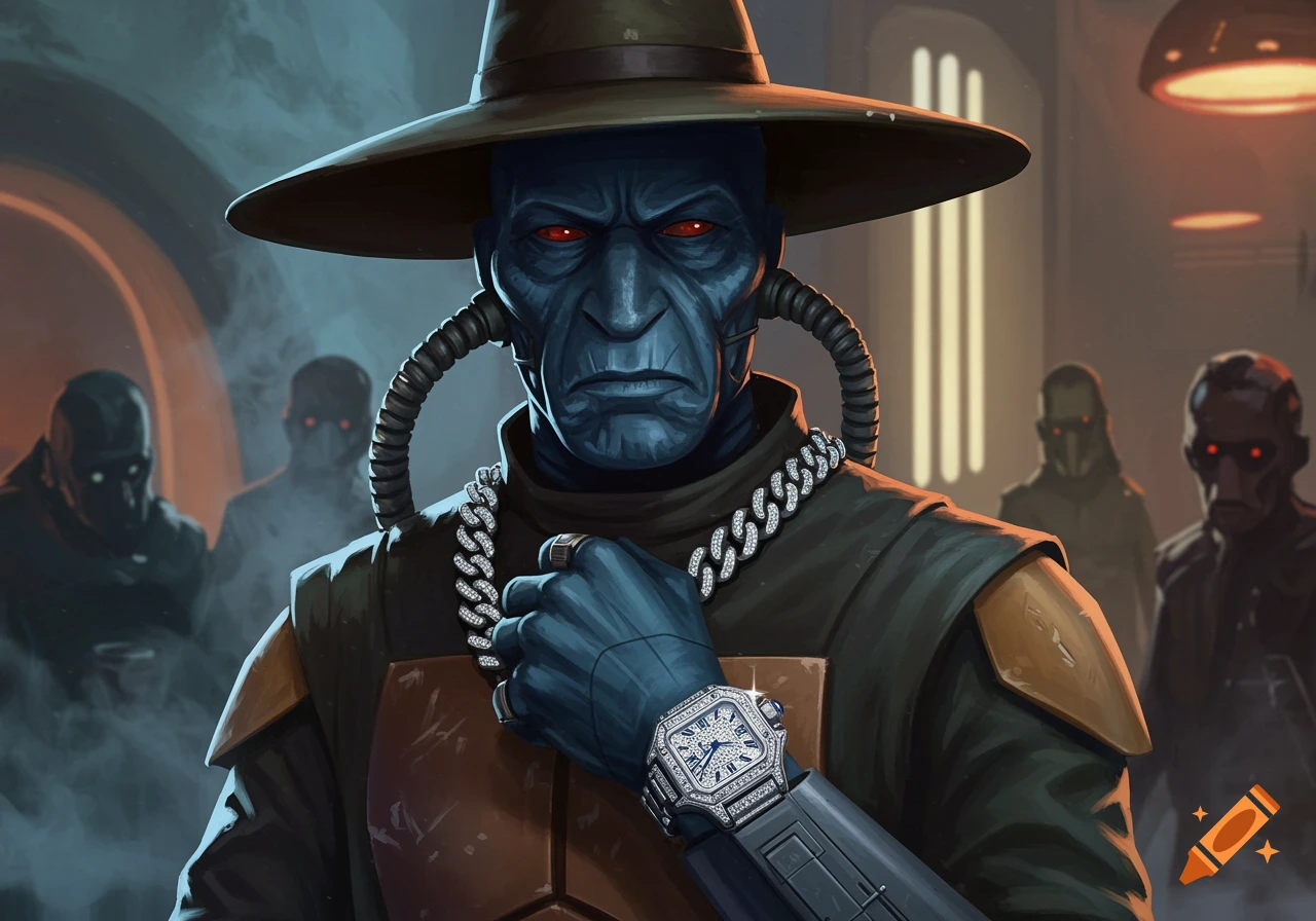 Illustration of the Star Wars character Cad Bane, blue-skinned and wearing a wide-brimmed hat, diamond chain, and watch.