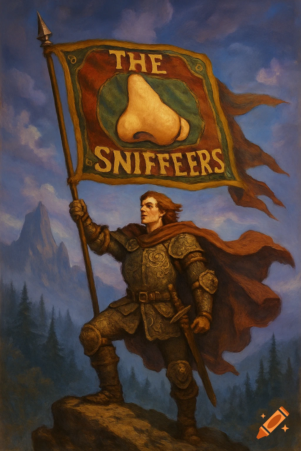 A Dungeons and Dragons style painting of a knight in armor holding a flag with a nose and 'The Sniffers' on it, standing on a mountain.