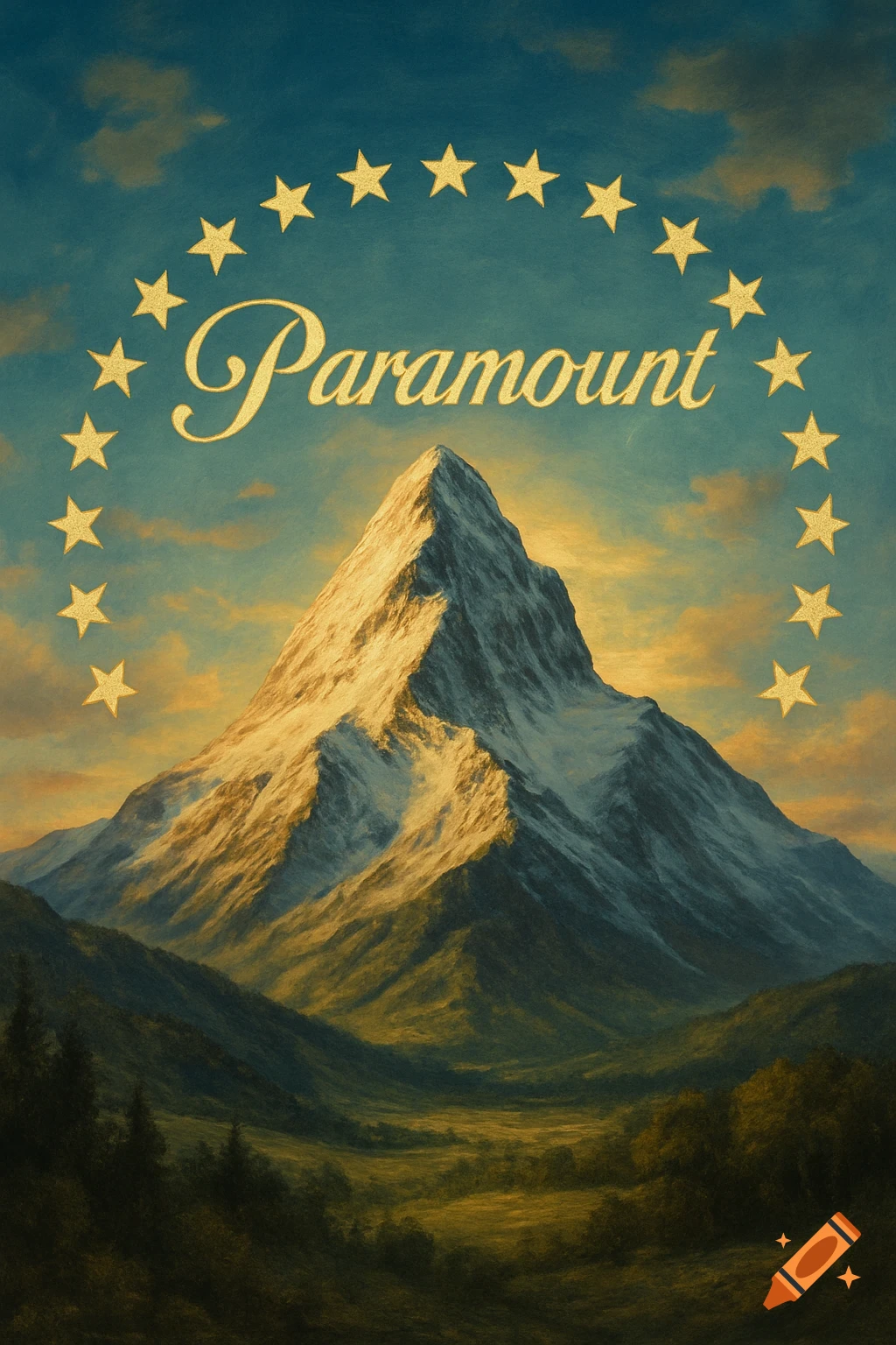 A painting of a majestic mountain at sunset with the word 'Paramount' and a ring of stars above it.