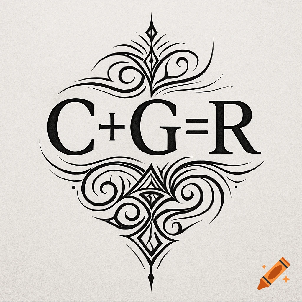 A black and white ornate monogram with the letters C+G=R surrounded by decorative flourishes on a light background.