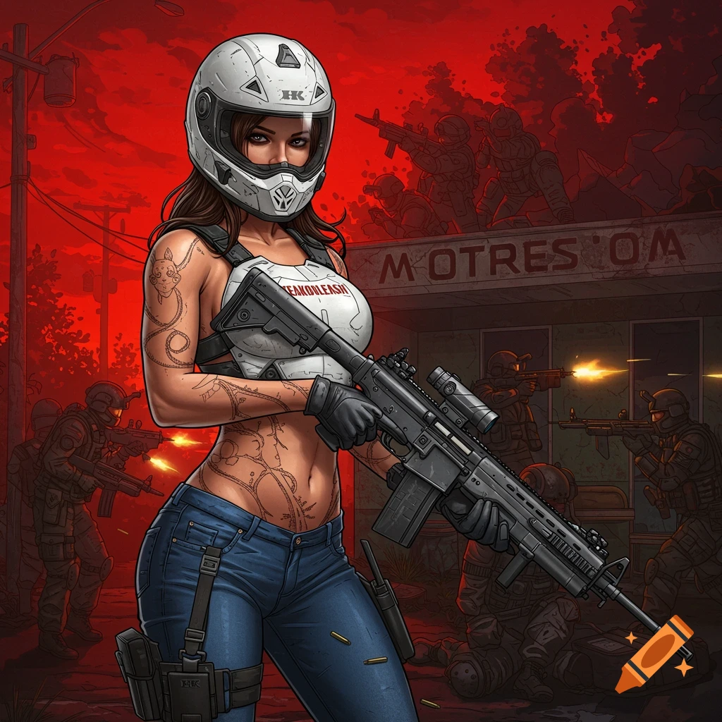 A stylized comic-book image of a woman in a white helmet and tactical gear, holding an assault rifle, with soldiers fighting in a red-hued background.