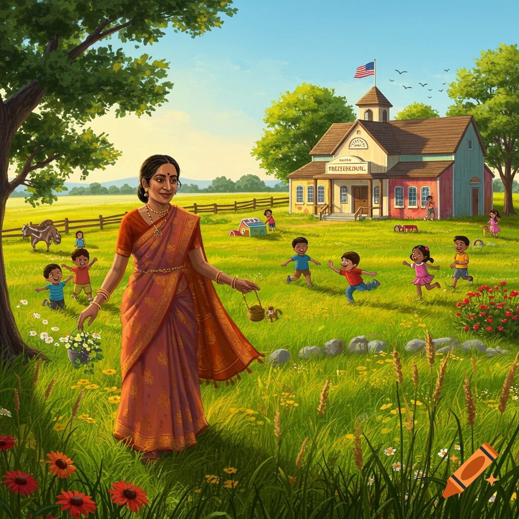 A woman in a sari stands in a grassy field with children playing around a schoolhouse and trees in the background.