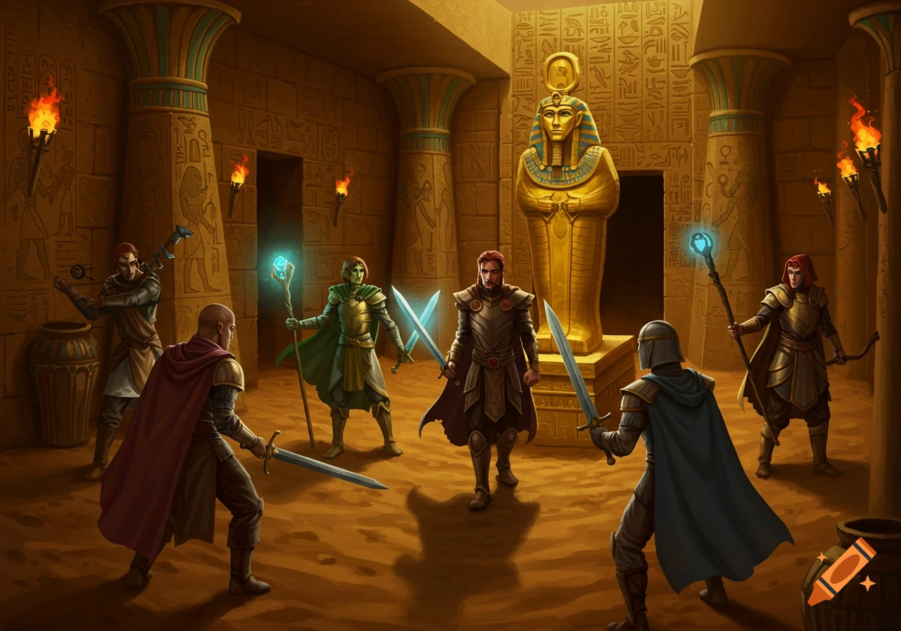 Fantasy characters with swords, staffs, and bows in an ancient Egyptian-style tomb with hieroglyphs and a large golden sarcophagus.