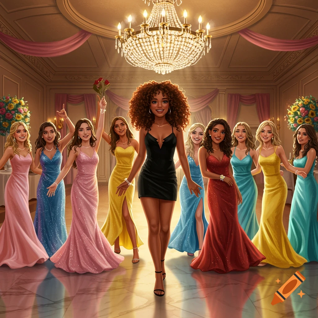 A group of women in colorful, sparkly evening gowns stand in a grand ballroom under a crystal chandelier. One woman with curly hair wears a black dress at the forefront.