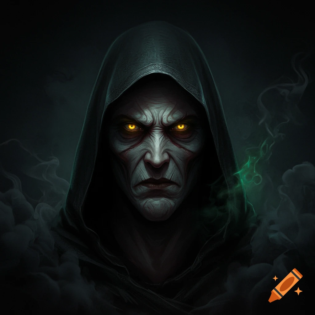 A dark, hooded figure with glowing yellow eyes and a wrinkled face against a dark, smoky background.