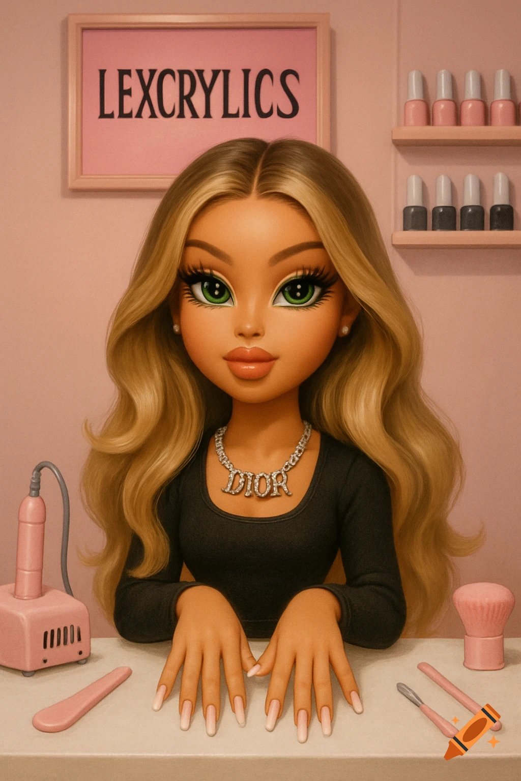 A Bratz-style doll with long blonde hair and green eyes in a black top, showing long french tip nails at a pink nail desk with tools. A pink sign says 'LEXCRYLICS'.