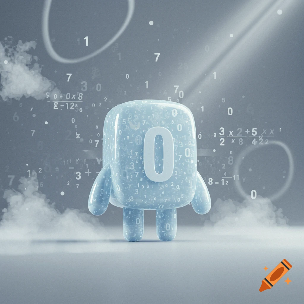 A light blue, glossy, blob-like character with a large white '0' on its front stands amidst floating numbers and mathematical equations, with light rays and mist.