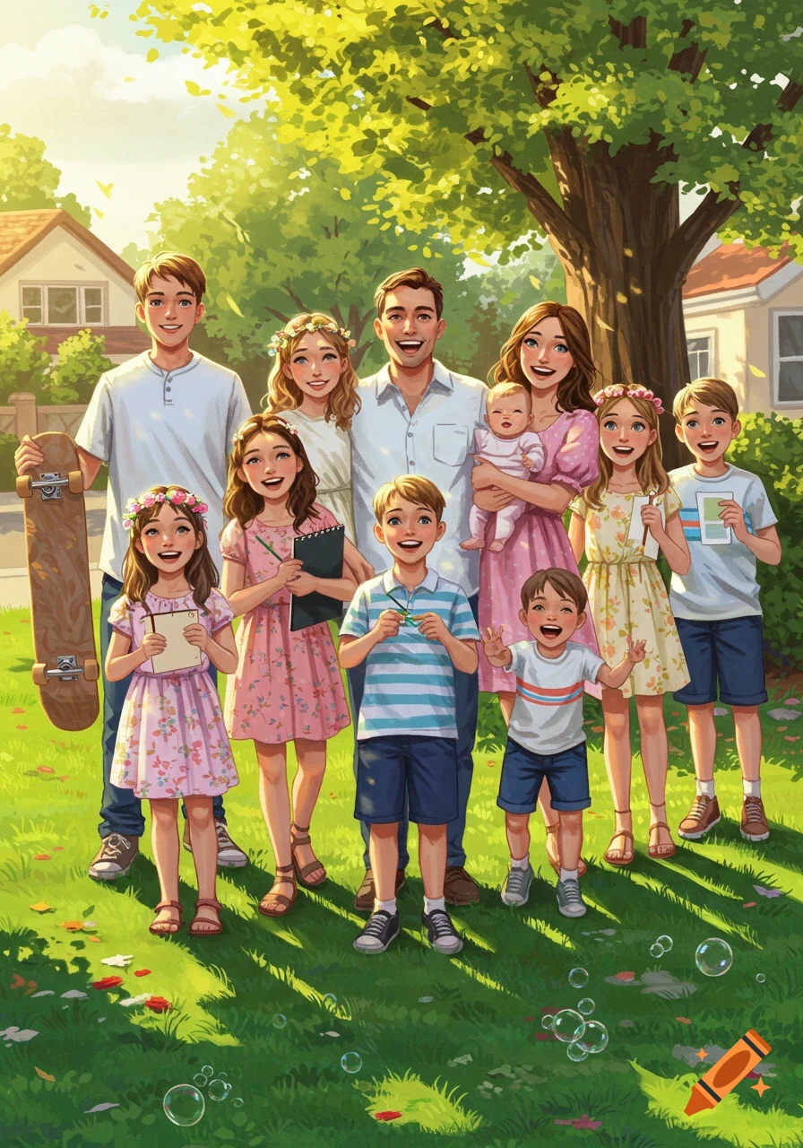 A large family portrait of a mother, father, and seven children standing on a grassy lawn under a tree, in a bright cartoon style.