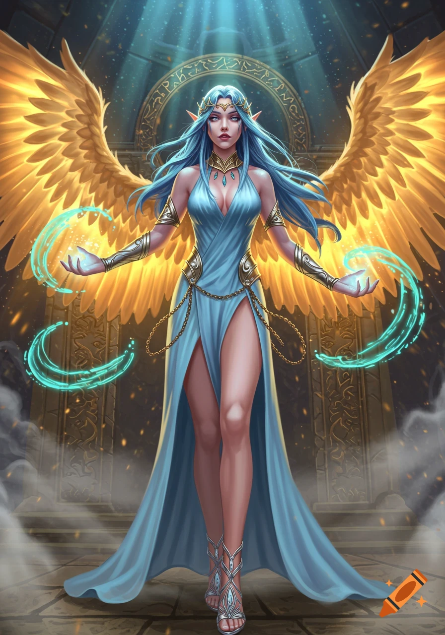 A regal elven sorceress with blue hair and golden wings in a sky-blue gown, casting magic in an ancient temple.