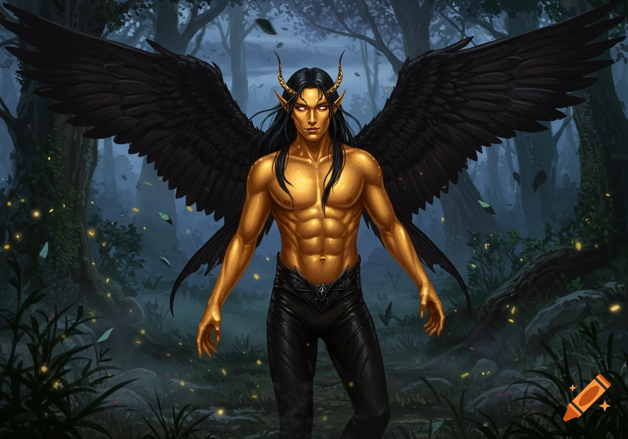 A golden-skinned male fantasy character with black wings and horns stands in a dark forest with glowing particles.