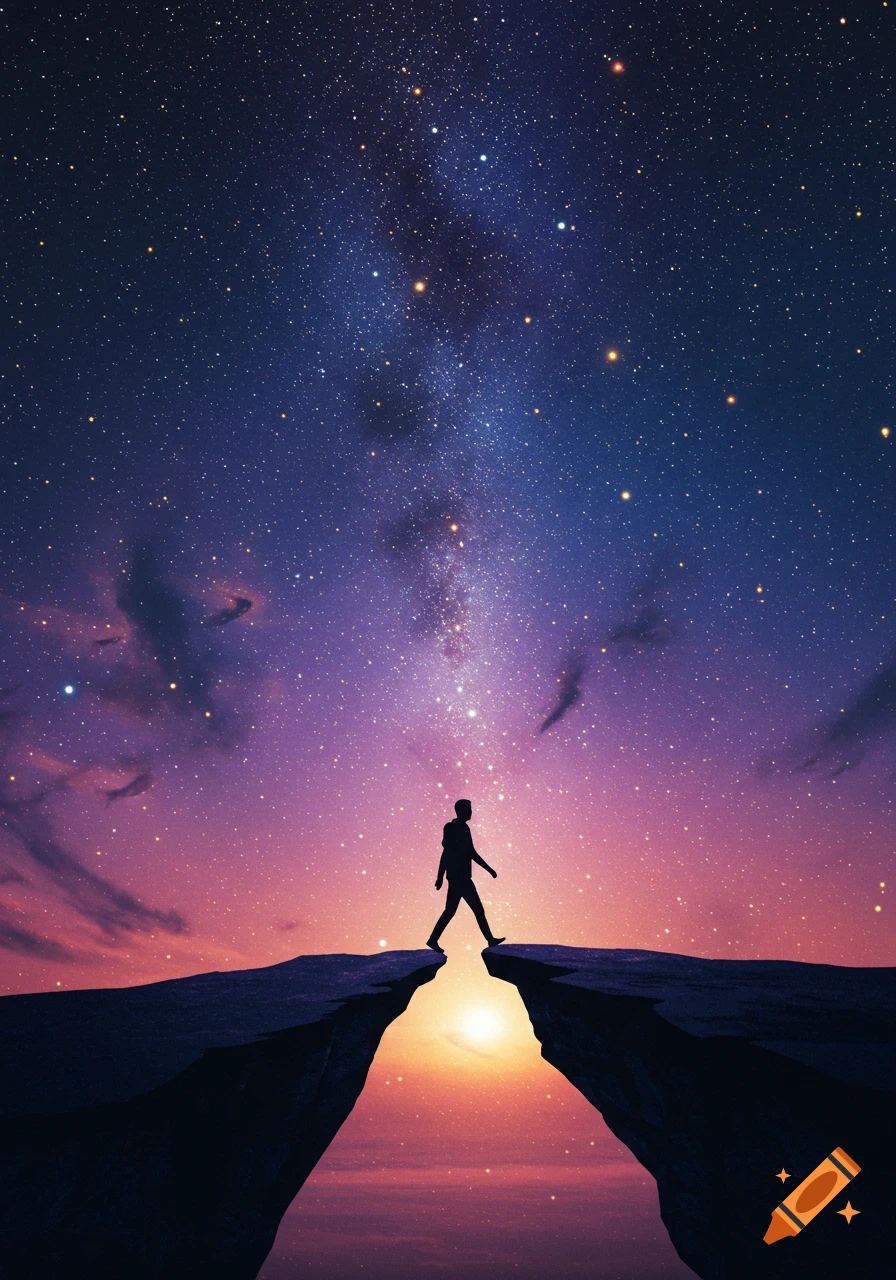 A silhouette of a person walks on a cliff edge under a vibrant starry sky and Milky Way at twilight.