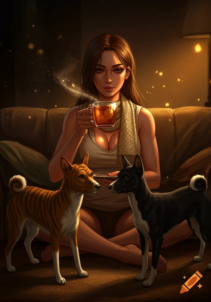 Anime illustration of a woman on a couch holding a glowing cup, with two Basenji dogs looking up at her in a cozy, dark room.