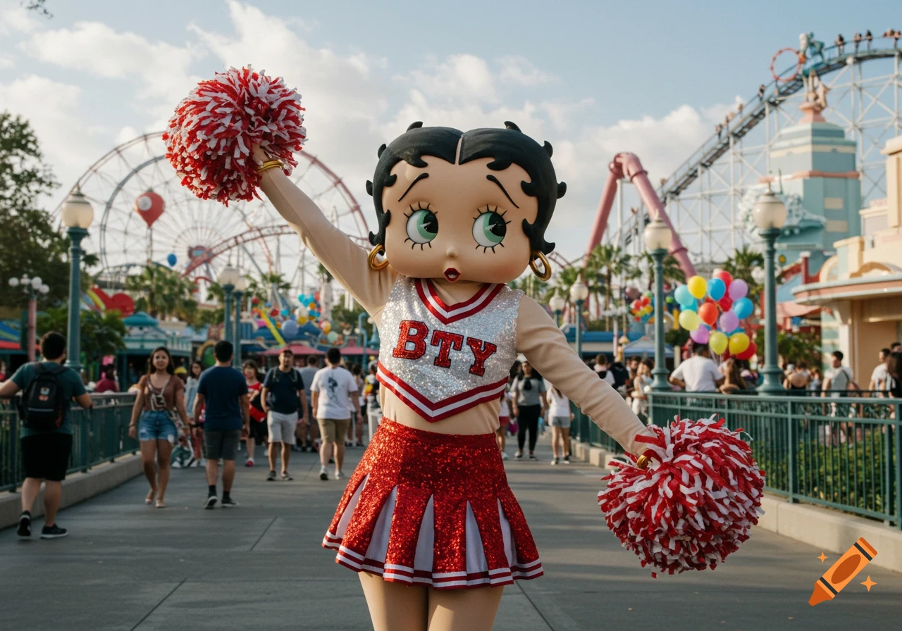 A Betty Boop mascot in a red and white cheerleader outfit holds pompoms in an amusement park.