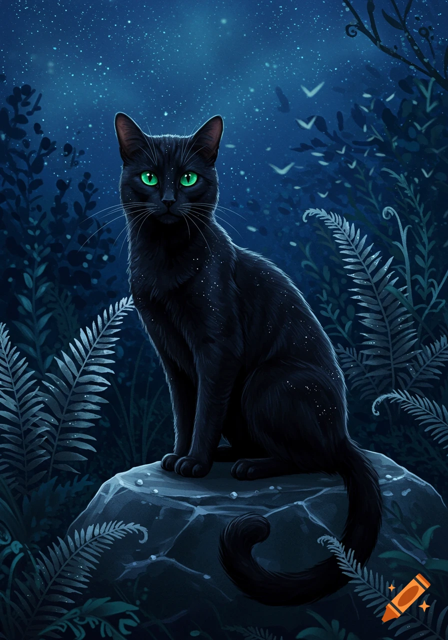 A black cat with luminous green eyes sits on a rock in a dark, star-filled forest, surrounded by ferns. Illustration.