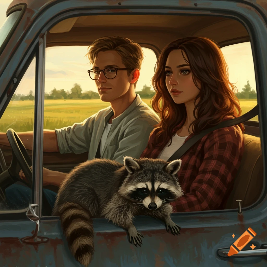 An illustrated scene of a man, woman, and raccoon in an old truck driving through a field at sunset.