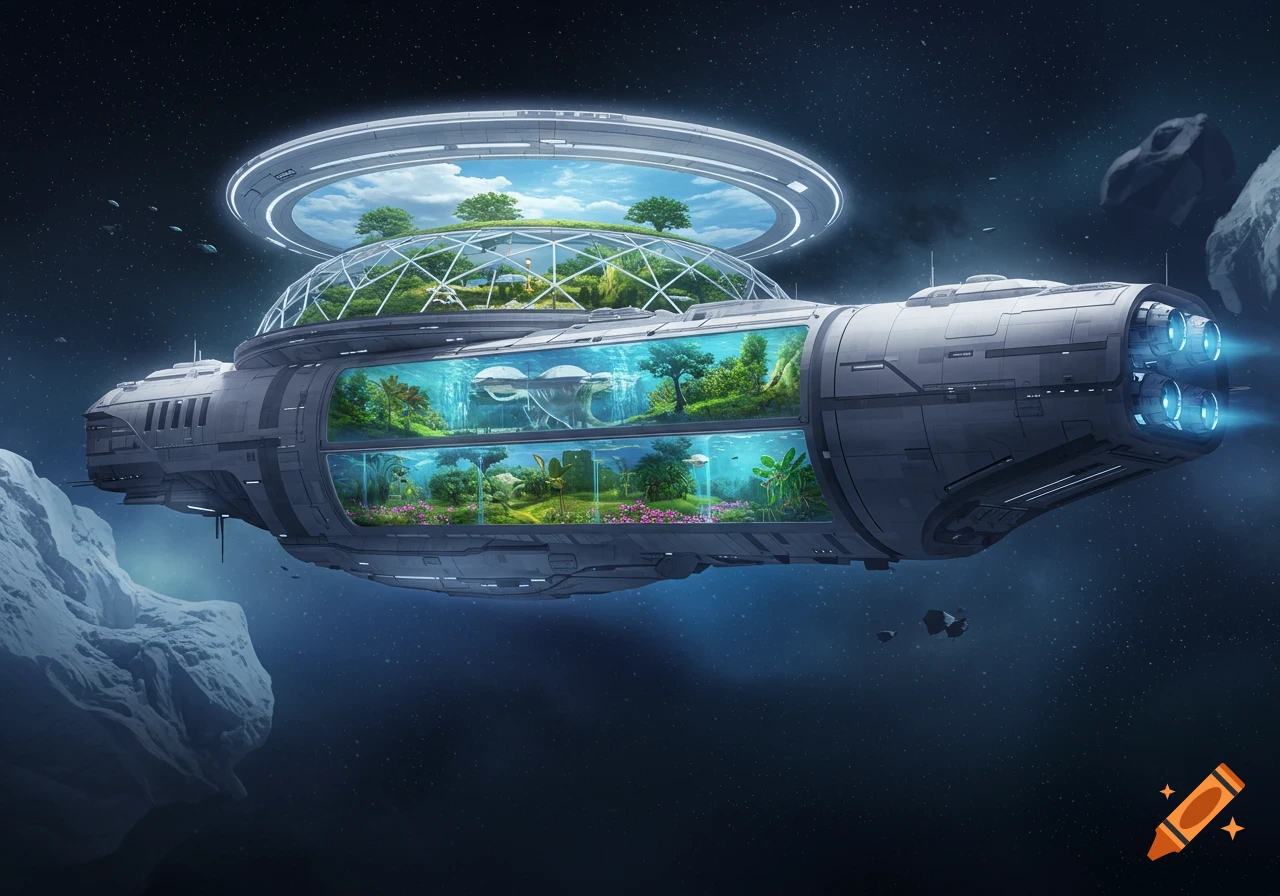 A large futuristic spacecraft with transparent sections revealing lush green biospheres inside, flying through dark space with asteroids.