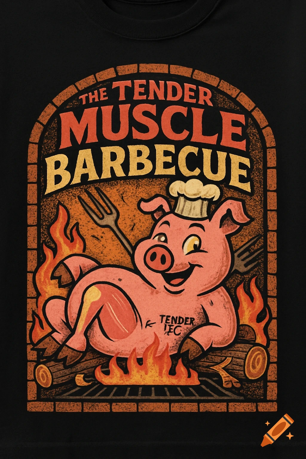 Cartoon pig in a chef's hat being barbecued, with text 'The Tender Muscle Barbecue' on a t-shirt.