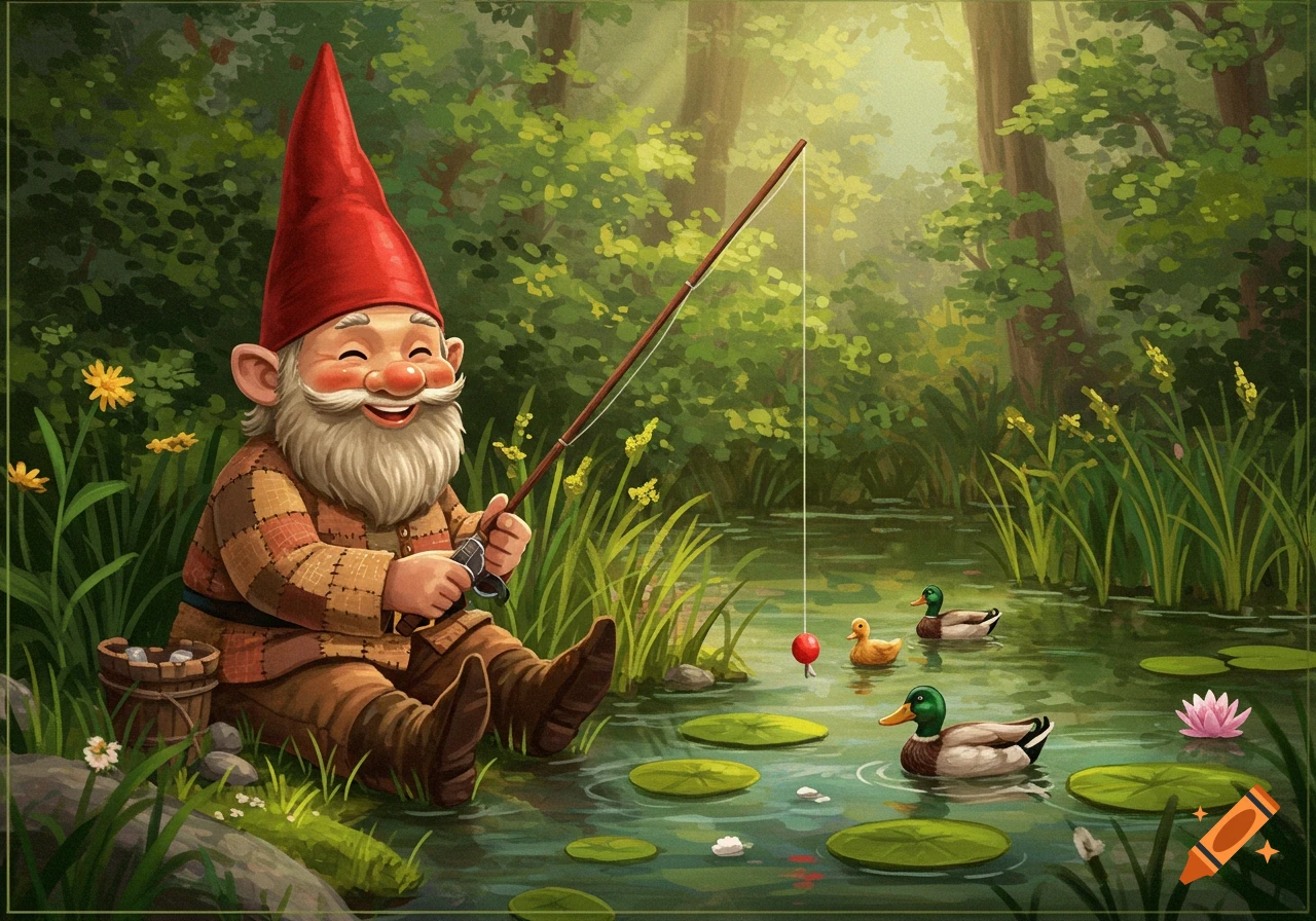 A smiling gnome with a red hat and plaid shirt sits by a pond, fishing, surrounded by trees, lily pads, and ducks.