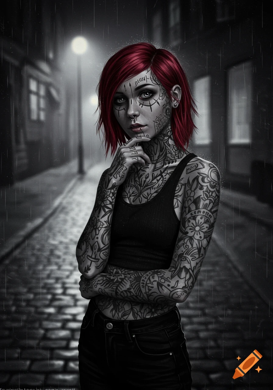 A heavily tattooed woman with short red hair and a nose ring stands in a dark, rainy alley, looking pensively at the viewer. The image is mostly monochrome with splashes of red hair.