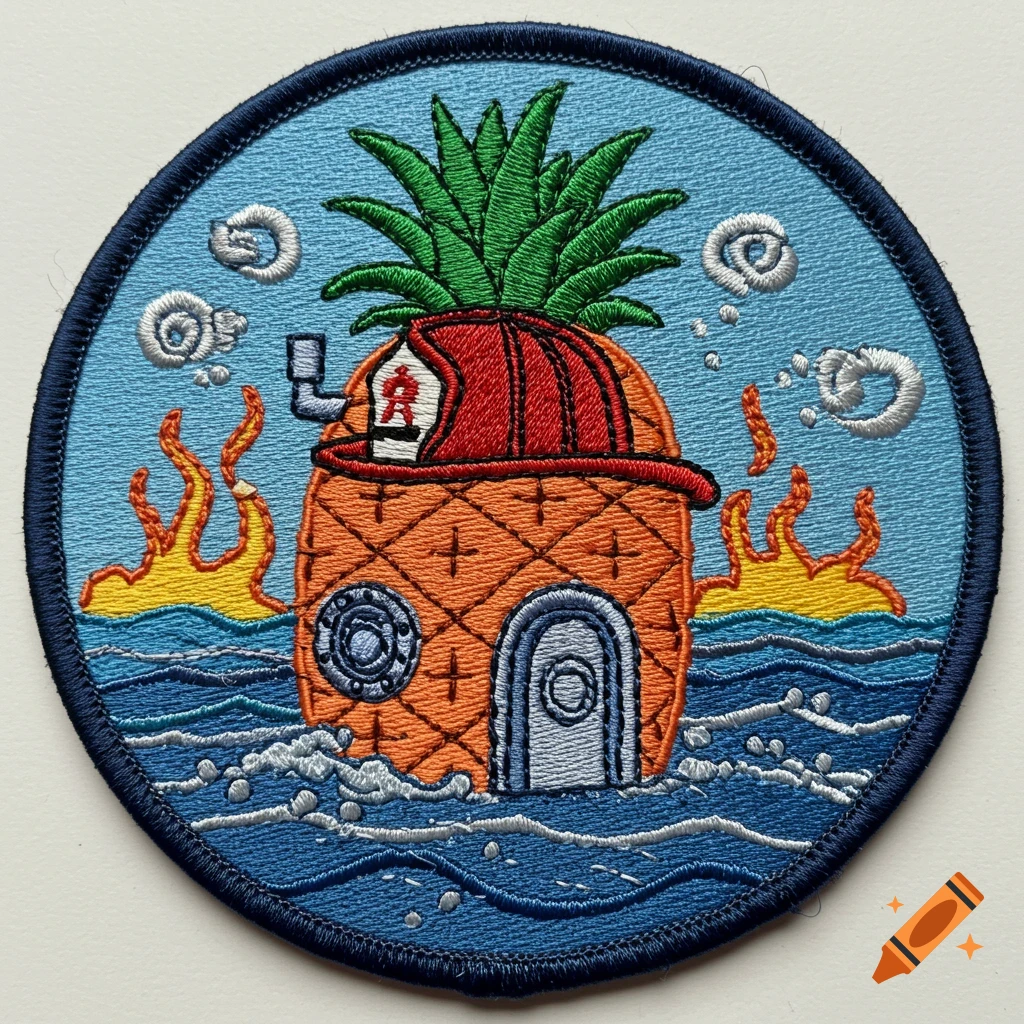 Embroidered circular patch of SpongeBob's pineapple house wearing a red firefighter helmet, surrounded by flames on blue water.