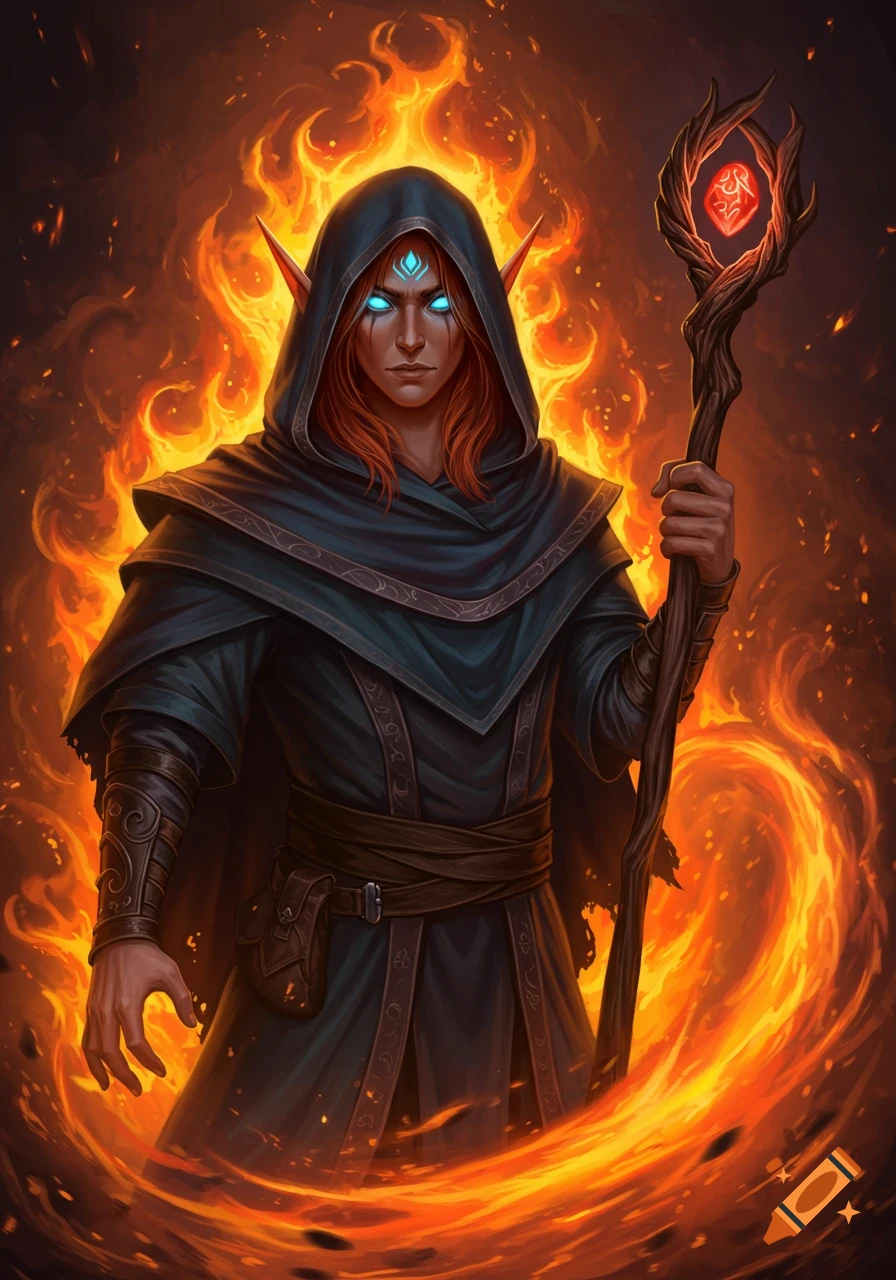 A half-elf warlock with red hair, glowing blue eyes, and a hooded dark cloak stands surrounded by swirling fire. He holds a staff with a glowing red, runic gem.