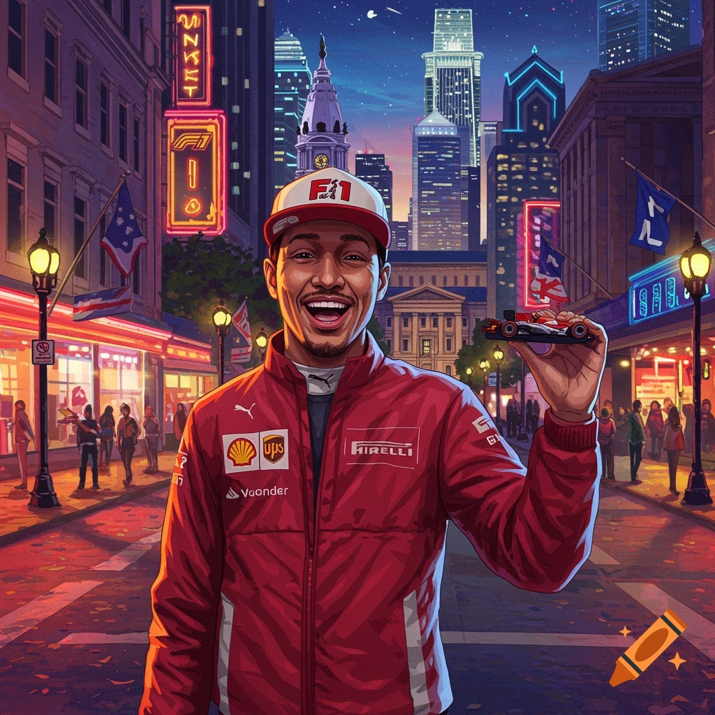 A smiling man in a red racing jacket and F1 cap holds a miniature F1 car, standing on a street in a vibrant, neon-lit Philadelphia cityscape at night.