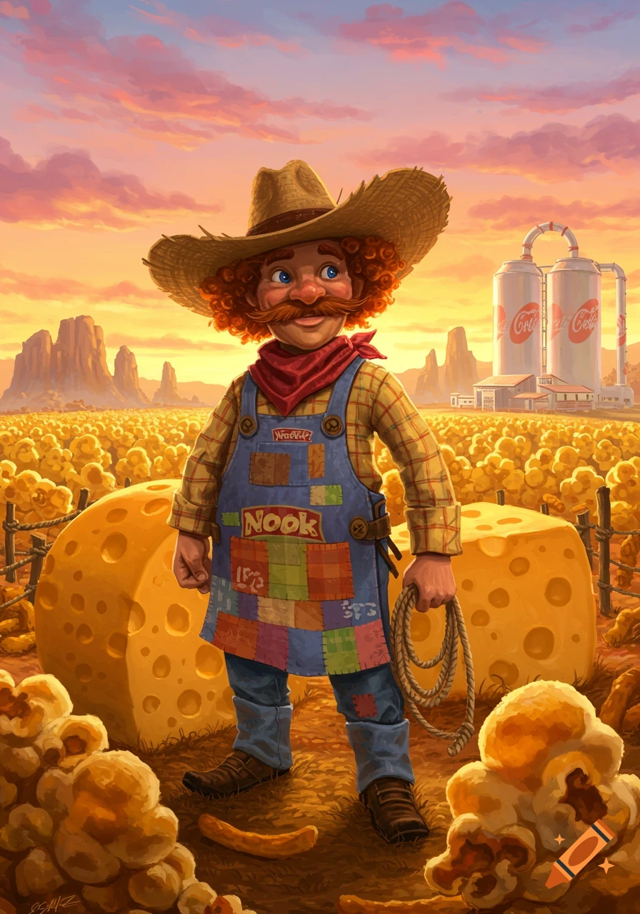 A cartoon rancher with curly red hair and a mustache stands in a field of popcorn with giant cheese wheels and soda tanks under a sunset sky.