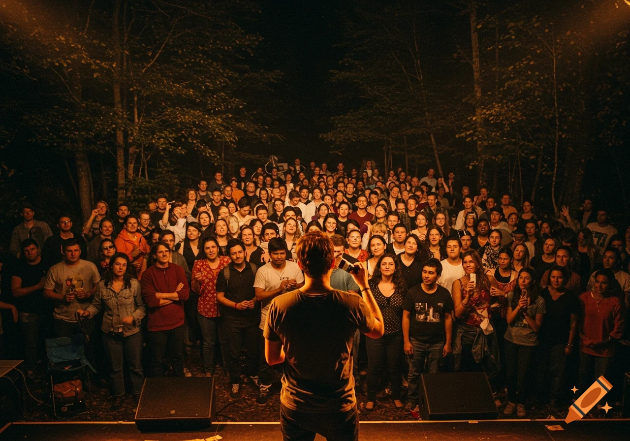 Photorealistic image of a person's back on a stage, facing a large, diverse crowd in a dark forest at night, illuminated by warm stage lights.