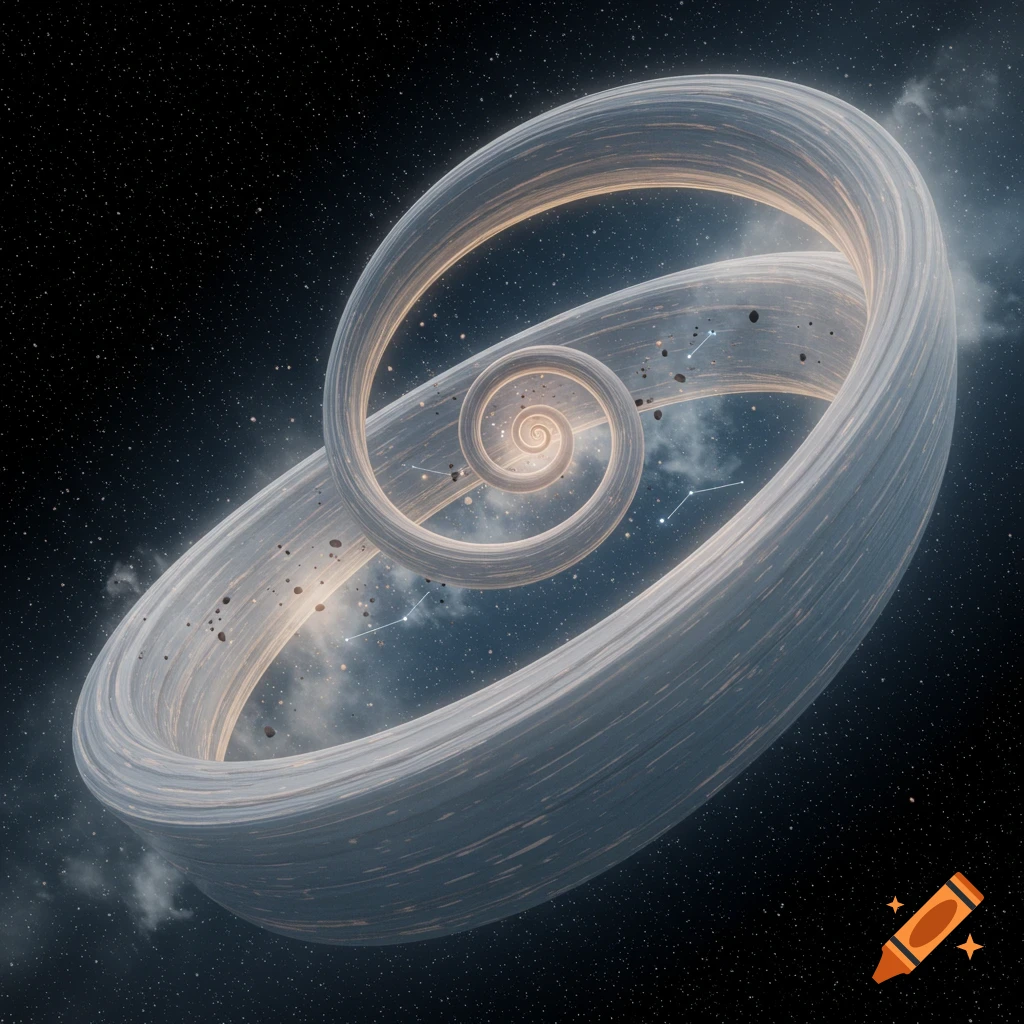 A large, light-colored spiraling ring structure floats in dark starry space with faint nebulae.